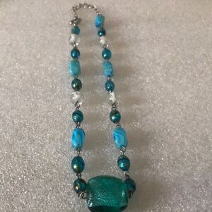 Turquoise Glass Bead Necklace - Blue Green Statement Necklace